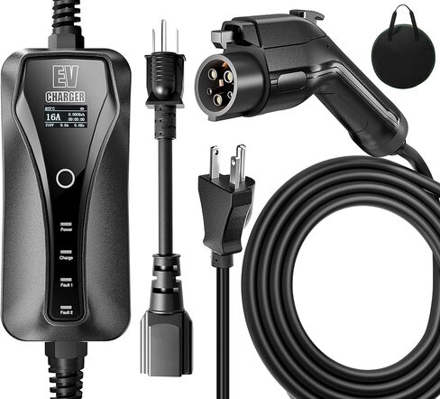 شاحن EV المستوى 1-2، 110-240 فولت 6-16 أمبير شاحن السيارة الكهربائية الحالي القابل للتعديل، كابل 16 قدم شاحن سيارة EV عالمي NEMA 6-20 قابس مع محول NEMA 5-15 للسيارات الكهربائية J1772 in Kuwait