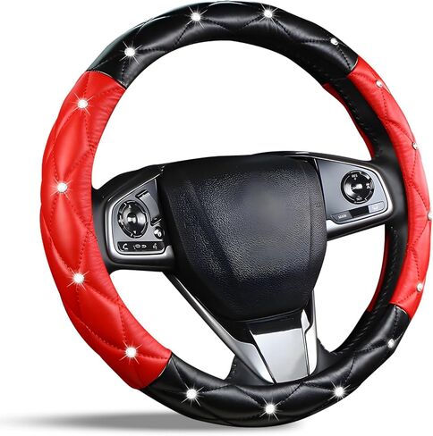 Cute Sparkly Black Car Steering Wheel Cover, Soft Breathable Anti-Slip PU Leather Steering Wheels Covers with Diamond Bling Rhinestone,Universal Protector Cars Accessories in Kuwait