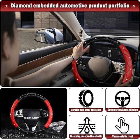 Cute Sparkly Black Car Steering Wheel Cover, Soft Breathable Anti-Slip PU Leather Steering Wheels Covers with Diamond Bling Rhinestone,Universal Protector Cars Accessories in Kuwait