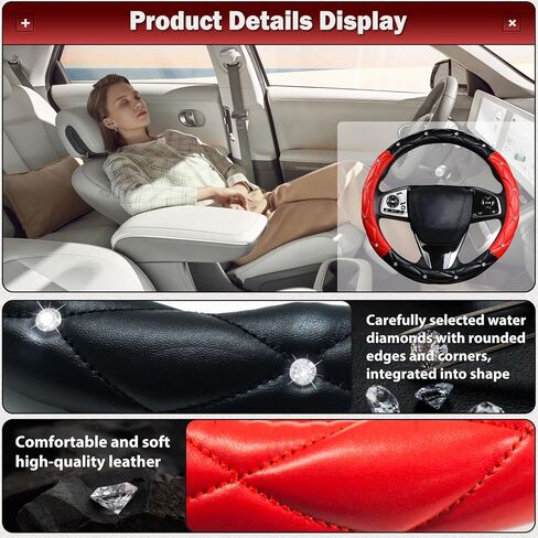 Cute Sparkly Black Car Steering Wheel Cover, Soft Breathable Anti-Slip PU Leather Steering Wheels Covers with Diamond Bling Rhinestone,Universal Protector Cars Accessories in Kuwait