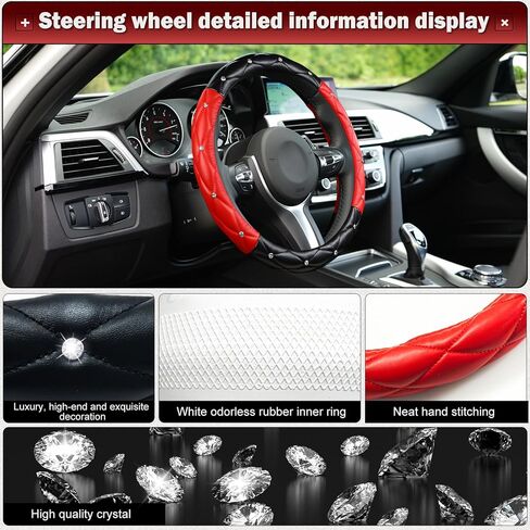 Cute Sparkly Black Car Steering Wheel Cover, Soft Breathable Anti-Slip PU Leather Steering Wheels Covers with Diamond Bling Rhinestone,Universal Protector Cars Accessories in Kuwait