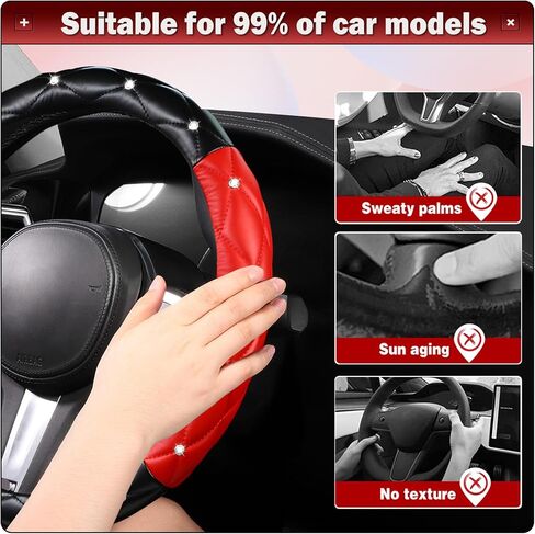 Cute Sparkly Black Car Steering Wheel Cover, Soft Breathable Anti-Slip PU Leather Steering Wheels Covers with Diamond Bling Rhinestone,Universal Protector Cars Accessories in Kuwait