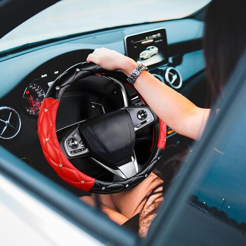 Cute Sparkly Black Car Steering Wheel Cover, Soft Breathable Anti-Slip PU Leather Steering Wheels Covers with Diamond Bling Rhinestone,Universal Protector Cars Accessories in Kuwait