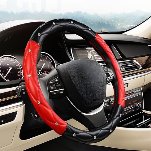 Cute Sparkly Black Car Steering Wheel Cover, Soft Breathable Anti-Slip PU Leather Steering Wheels Covers with Diamond Bling Rhinestone,Universal Protector Cars Accessories in Kuwait