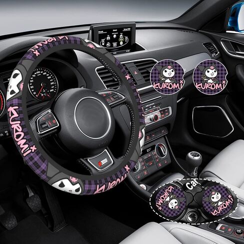 Cute Cartoon Steering Wheel Cover with 2PCS Car Coasters Women Girls Car Steering Wheel Covers 15 Inch Kawaii Car Accessories in Saudi Arabia