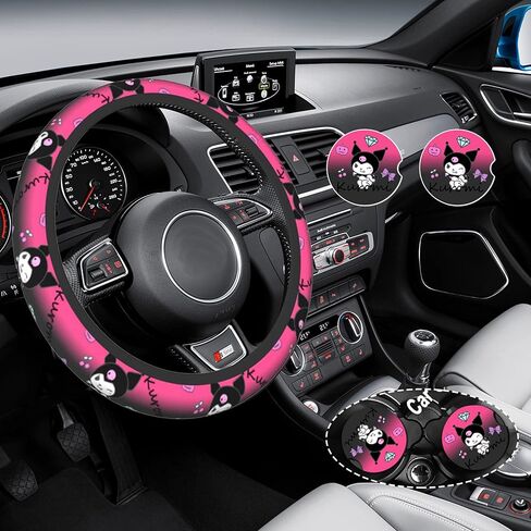 Cute Cartoon Steering Wheel Cover with 2PCS Car Coasters Women Girls Car Steering Wheel Covers 15 Inch Kawaii Car Accessories in Saudi Arabia