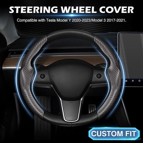 غطاء عجلة القيادة من ألياف الكربون من Cartist مناسب لطراز Tesla 3 2017-2023 2024 و2020-2023 2024 موديل Y ملحقات جلدية مضادة للانزلاق لحماية عجلة القيادة (أسود) in Kuwait
