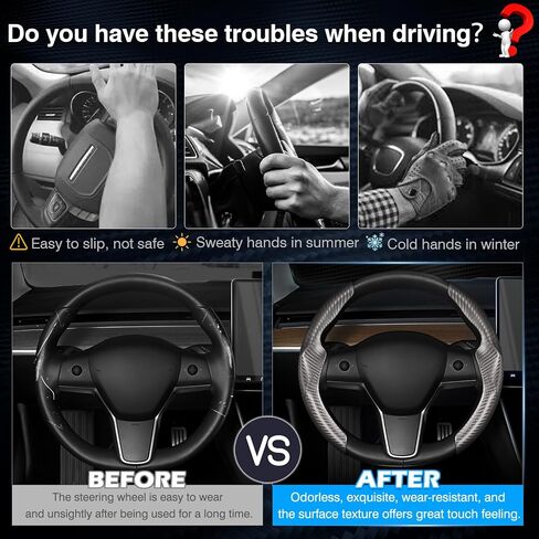 غطاء عجلة القيادة من ألياف الكربون من Cartist مناسب لطراز Tesla 3 2017-2023 2024 و2020-2023 2024 موديل Y ملحقات جلدية مضادة للانزلاق لحماية عجلة القيادة (أسود) in Kuwait