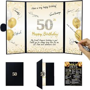 Trgowaul 50th Birthday Signature Certificate Guest Booking Decoration, Black Gold 50th Birthday Happy Decoration, Back in 1975 Party Signature Certificate, 50th Birthday Party Supplies Gift Signature