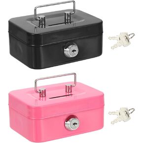 PATIKIL Small Cash Box, 2 Pcs Mini Safe Box Money Locker Piggy Bank Money Saving Boxes with Keys for Cash Watches Jewelry Personal Items, Black, Pink
