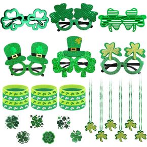Ansee St Patricks Day Accessories Set, 96 PCS Includes 6 Shamrock Glasses, 6 Green Shamrock Necklaces, 12 Green Silicone Wristbands, 72 Shamrock Patterned Tattoos Stickers for Irish Party Favor