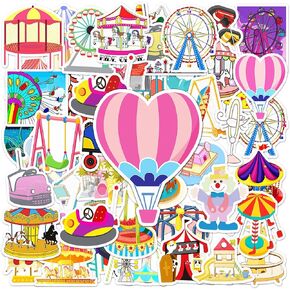 Amusement Park Stickers Pack, 48PCs, Merry-go-Round, Sky Wheel, Roller Coaster Vinyl Decal Stickers for Hydro Flask, Laptop, Water Bottle, Stickers for Kids, Toddlers, Teens (Amusement Park