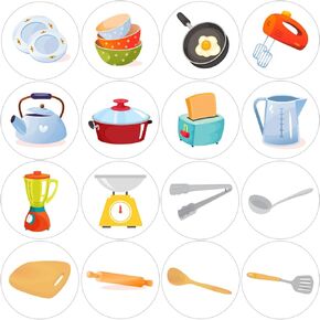 600 Pcs Kitchenware Stickers for Kids 1.5 Inch 16 Styles Kitchenware Label Stickers Roll for Kids Birthday Party School Reward Giveaways Supplies Gifts Decoration