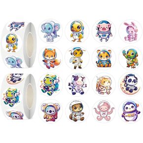 600 Pcs Animals Astronauts Stickers for Kids- 1.5 Inch Round Stickers Roll 16 Tyles Space Astronaut Kindergarten Stickers Teacher Stickers for Kids Birthday Party School Reward Giveaways