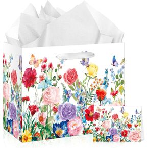 Spring Flower Gift Bag for Girls Women Floral Birthday Gift Wrapping Bag with Card and Tissue Paper Bridal Shower Gift Bags for Spring Christmas Weddings Valentine's Day Birthday Party Decoration Supplies