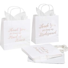Juvale 11 Bridesmaid and 1 Maid of Honor Thank You Paper Gift Bag, Rose Gold Foil Text, Includes 20 Sheets of Tissue Paper, Perfect for Bridal Party Favors, White, 9 x 8 x 4 Inches