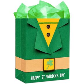 WhatSign St Patricks Day Gift Bags with Handle 11.5" Happy St Patricks Day Bags Shamrock Green Paper Gift Bags with Tissue Paper Irish Clover Gift Wrap Treat Bags St Patricks Party Favor Bags Supplies