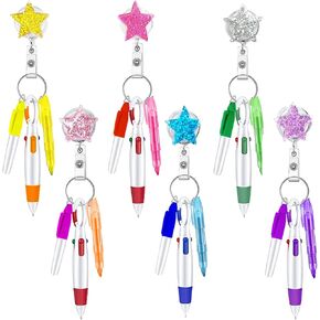 6PCS Star Glitter Nurse Badge Reel Pen Kit, Mini Highlighter, Permanent Marker, Ballpoint Pen, Retractable Keychain Nurse Badge Holder Accessories