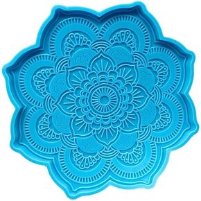 Blue Epoxy Resin Silicone Molds - Mandala Coaster Epoxy Resin Mold Flower Tray Cup Mat Casting Silicone Mould DIY Crafts Home Decoration Making Tools Sculpture Supplies (6.77x5.74x0.47inches)