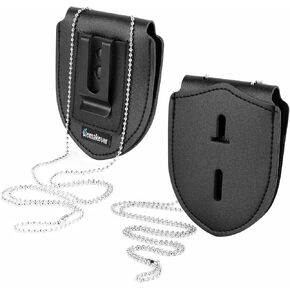 1 Pack Sheriff Badge Shield Holder with Faux Leather Wrapped Heavy Duty Steel Belt Clip with Stainless Steel Necklace, Universal, Black, Deputy Badge Holder, 8x3 inch (1 Pack)