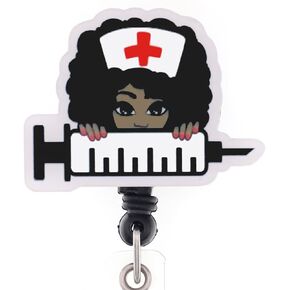 Cute Black Girl Retractable Badge Holder Gift for Women, Nurse Badge Reel, ID Name Tag Nursing Badge Alligator Clips for Nurses