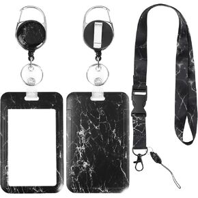 3-in-1 Retractable ID Badge Holder with Detachable Lanyard, Heavy Duty Badge Reel, Carabiner Clip & Waterproof Card Protector for Nurses, Teachers, Office Workers & Gym, Black Marble in Saudi Arabia
