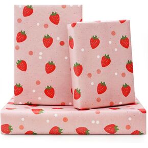 NEPOG Strawberry Wrapping Paper, Pink Red Fruit Wrapping Paper, Pretty Cute Sweet Gift Wrap Paper 6 Sheets Folded Flat 20x28 inches per Sheet for Birthday, Baby Shower, Wedding, Spring Summer Party