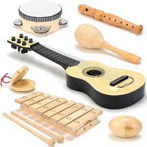 Wooden Kids Musical Instruments - Kids Musical Toys for Toddlers 1-3 - Toddler Learning Toys Music Set Kids Guitar Maracas Toddler Xylophone Tambourine Castanet Egg shaker Recorder instrument for kids