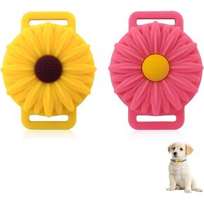 FuninCrea Sunflower Pet Apple AirTag Case for Collar, Durable Silicone AirTag Holder for Dogs and Cats Summer Anti-Lost AirTag Cover Suitable for AirTag 2021 (Yellow+Pink)