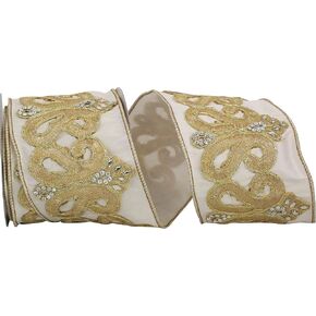 Reliant Ribbon 93441W-810-10D Dupoine Regal Jewel Scroll Trim Embroidery Wired Edge Ribbon, 4 Inch X 5 Yards, Ivory