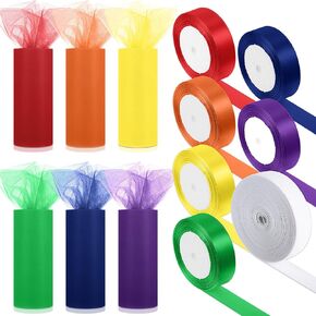 13 Pcs Tulle Fabric Roll and Satin Ribbon Bulk Tulle Ribbon (6" by 25 Yd) Rainbow Ribbon (1" by 24 Yd) for DIY Tutu Skirt Craft Gift Wrapping Christmas Party Decoration Supplies(Pastel Colors)