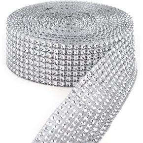 Rhinestone Diamond Mesh Ribbon 1 Roll 8 Row 10 Yards Silver Bling Diamond Wrap Ribbon for Wedding Cakes, Birthday Decorations, Party Supplies, Arts Rhinestones for Crafts (Silver)