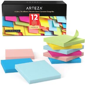 ARTEZA Sticky Notes 12 Pads, 100 Sheets, 6 Assorted Colors, Re-Adhesive, Office Supplies for To-Do Lists, Reminders & Studying
