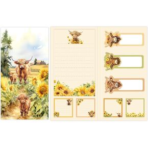 Highland Cow Sticky Note Set Watercolor Sunflower Farm Animal Notepad Rustic Reminder Memo Pad for Annotating Office Study Supplies, 8 Pads, 240 Sheets