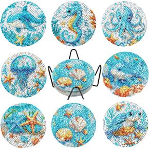 8 Pcs Ocean Marine Life Diamond Art Coasters Crafts Kits with Holder for Adults