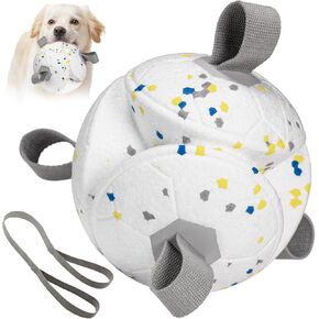 Dog Toys Soccer Ball with Nylon Straps Interactive Dog Toys for Tug of War Durable Dog Tug Water Toy Dog Balls Gifts for Puppy Birthday Indoor Outdoor, Bright Yellow
