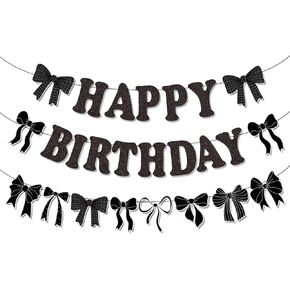 Blue Bow Birthday Decorations Glitter Happy Birthday Banner Bow Garland Party Decorations for Girls Women Birthday Party (Blue)