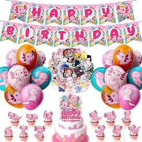 94 Pcs Axolotl Birthday Decorations Party Supplies Axolotl Cupcake Toppers Balloons Happy Birthday Banner Stickers