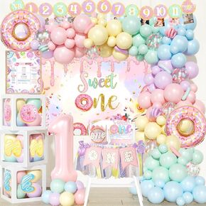 Sweet One Birthday Party Decorations, 1st Birthday Decorations for Girl, Donut First Birthday Party Decorations with Backdrop Balloon Boxes Tablecloth Banner Highchair Cake Topper