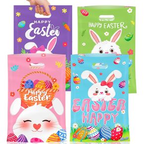 Litmitfu 50 Pcs Easter Gift Bags with Handles, Plastic Happy Bunny Goodie Bags Bulk, Cute Spring Treat Tote Goody Cookie Party Favor Bag for Easter Activity Party Favors Supplies Gifts, 4 Styles