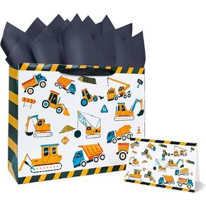 MUNILAIL 13 Inches Large Gift Bag for Boys Construction Vehicle Gift Bag with Handle Tissue Paper and Greeting Card for Birthday Vehicle Themed Party Large Paper Gift Bag