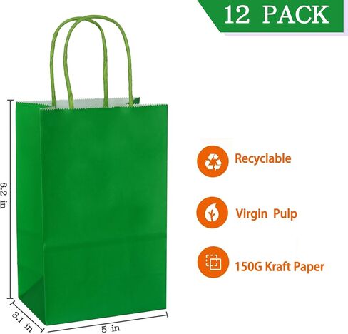 AZOWA Gift Bags Small Kraft Paper Bags with Handles (5 x 3.1 x 8.2 in, Green, 12 Pcs) in Kuwait