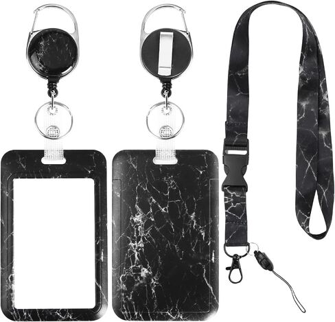 3-in-1 Retractable ID Badge Holder with Detachable Lanyard, Heavy Duty Badge Reel, Carabiner Clip & Waterproof Card Protector for Nurses, Teachers, Office Workers & Gym, Black Marble in Saudi Arabia