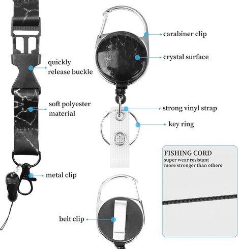 3-in-1 Retractable ID Badge Holder with Detachable Lanyard, Heavy Duty Badge Reel, Carabiner Clip & Waterproof Card Protector for Nurses, Teachers, Office Workers & Gym, Black Marble in Saudi Arabia