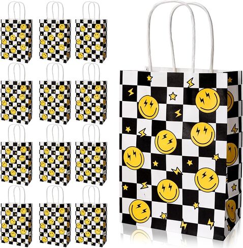 JarThenaAMCS 24Pcs One Happy Dude Party Favor Bags Smile Face Lightning Paper Gift Bags with Handles Checkered Goodie Treat Bags for Baby Shower Birthday Party Supplies in Saudi Arabia