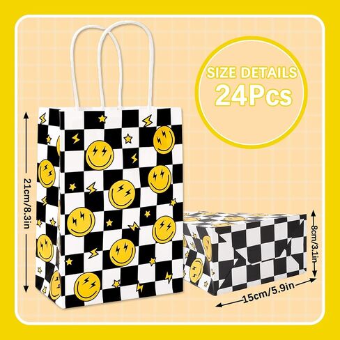 JarThenaAMCS 24Pcs One Happy Dude Party Favor Bags Smile Face Lightning Paper Gift Bags with Handles Checkered Goodie Treat Bags for Baby Shower Birthday Party Supplies in Saudi Arabia