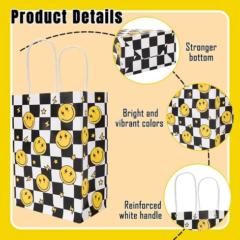 JarThenaAMCS 24Pcs One Happy Dude Party Favor Bags Smile Face Lightning Paper Gift Bags with Handles Checkered Goodie Treat Bags for Baby Shower Birthday Party Supplies in Saudi Arabia