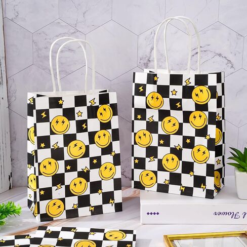 JarThenaAMCS 24Pcs One Happy Dude Party Favor Bags Smile Face Lightning Paper Gift Bags with Handles Checkered Goodie Treat Bags for Baby Shower Birthday Party Supplies in Saudi Arabia
