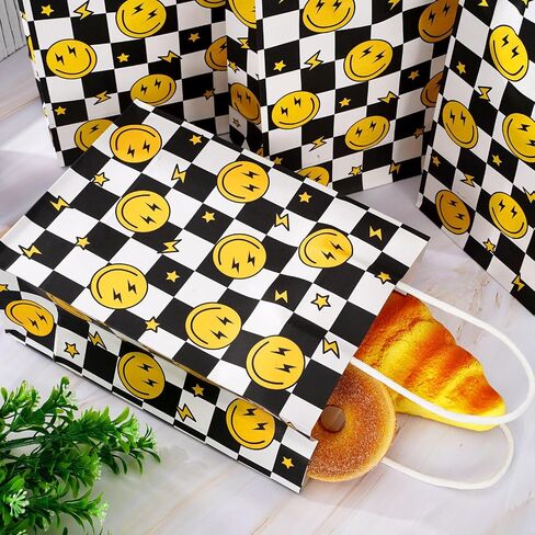 JarThenaAMCS 24Pcs One Happy Dude Party Favor Bags Smile Face Lightning Paper Gift Bags with Handles Checkered Goodie Treat Bags for Baby Shower Birthday Party Supplies in Saudi Arabia