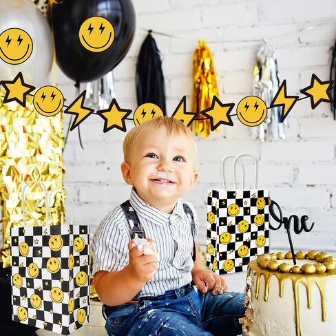 JarThenaAMCS 24Pcs One Happy Dude Party Favor Bags Smile Face Lightning Paper Gift Bags with Handles Checkered Goodie Treat Bags for Baby Shower Birthday Party Supplies in Saudi Arabia